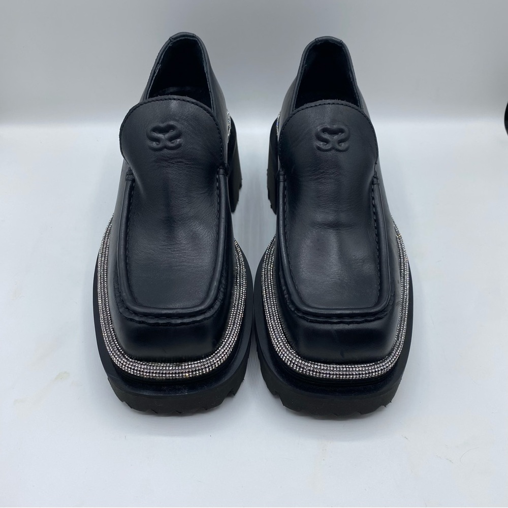Sandro Black Leather Loafers with Silver Trim